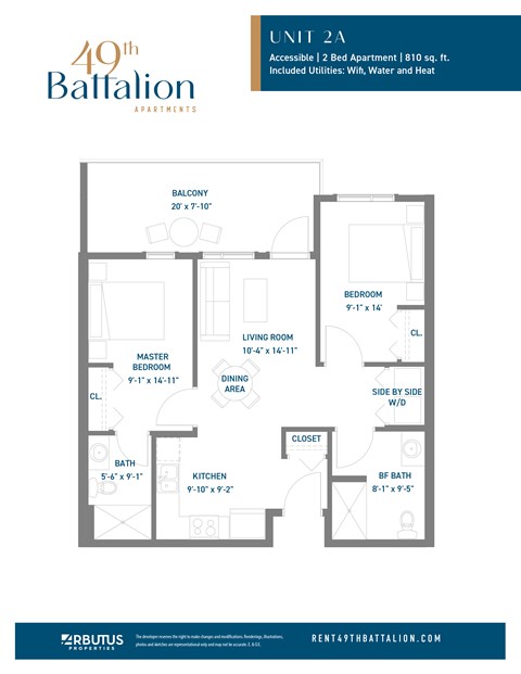 Floor plan for 2 beds, 2 baths, 810 sqft